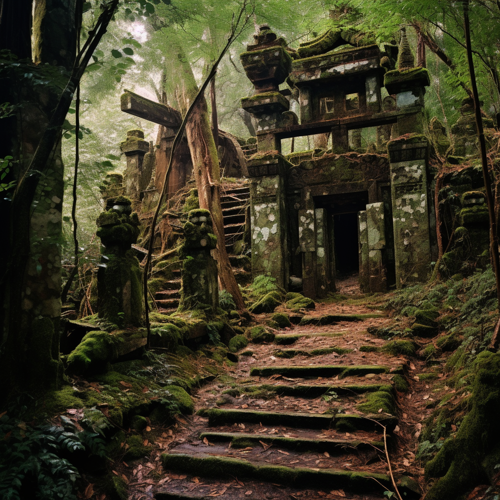 Ancient ruined shrine in deep forest