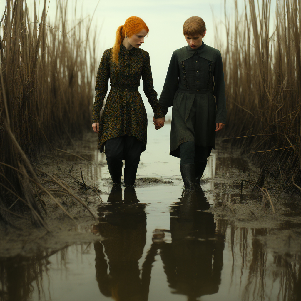 Two women walking in a deep swamp