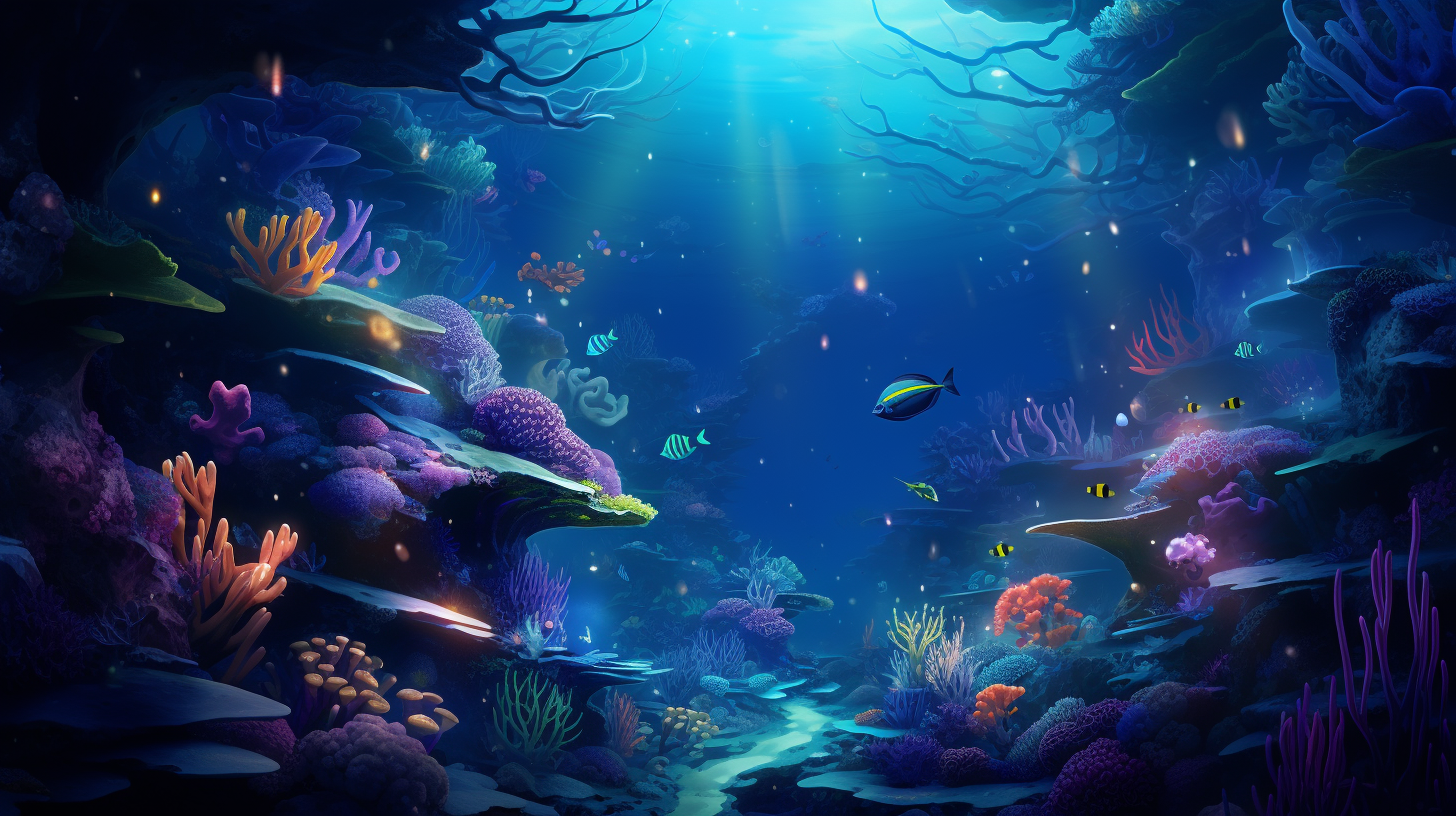 Colorful underwater scenery with mountains, bubbles, and sea animals.