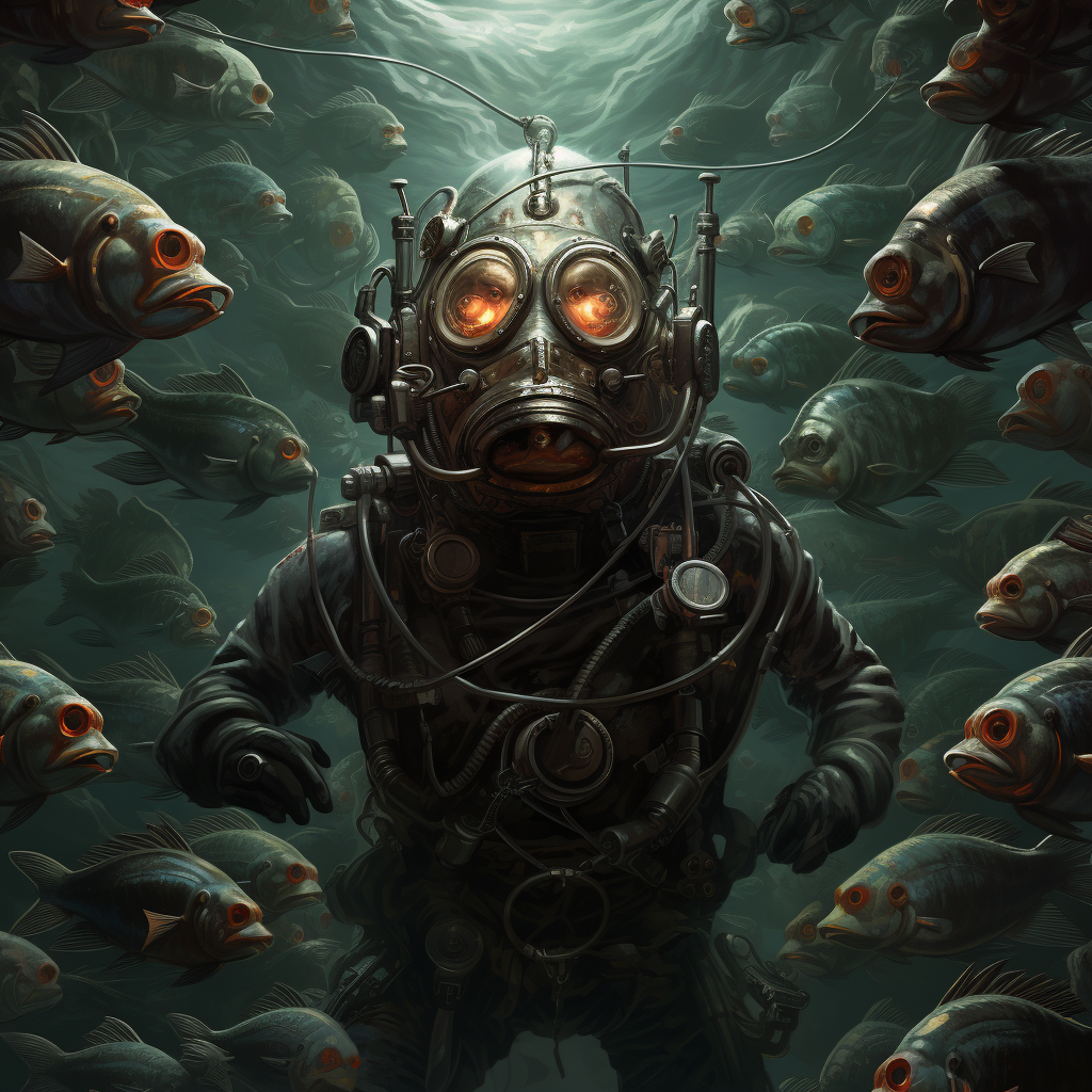 Deepsea diver surrounded by fish