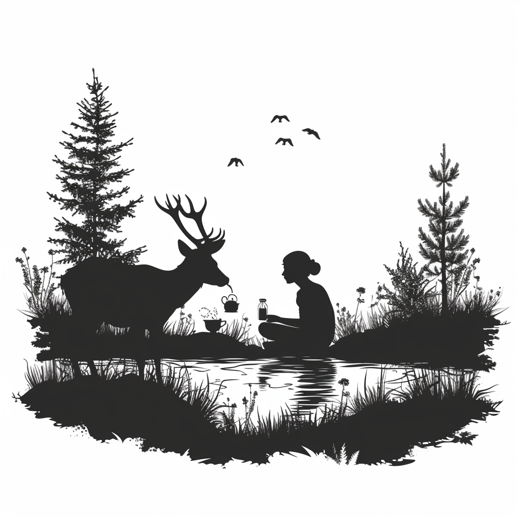 Black silhouette of a deer drinking