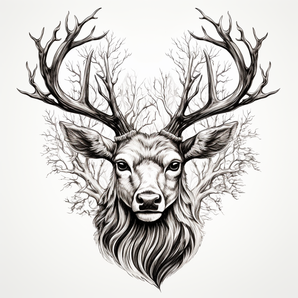 Black and white ink depiction of a deer