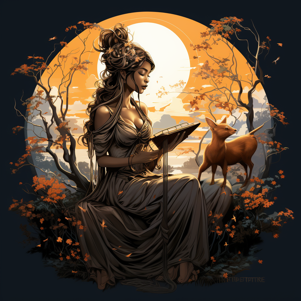 Illustration of a fairy sitting on a deer blowing flute