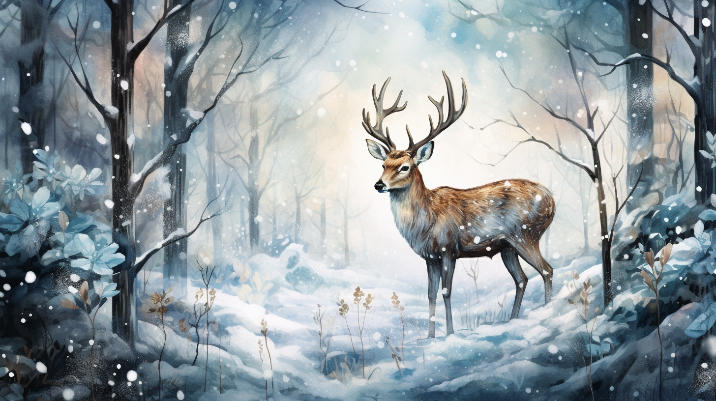 Winter forest fairy tale illustration with deer