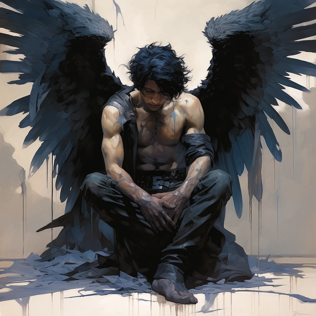 Illustration of defeated angel with black wings