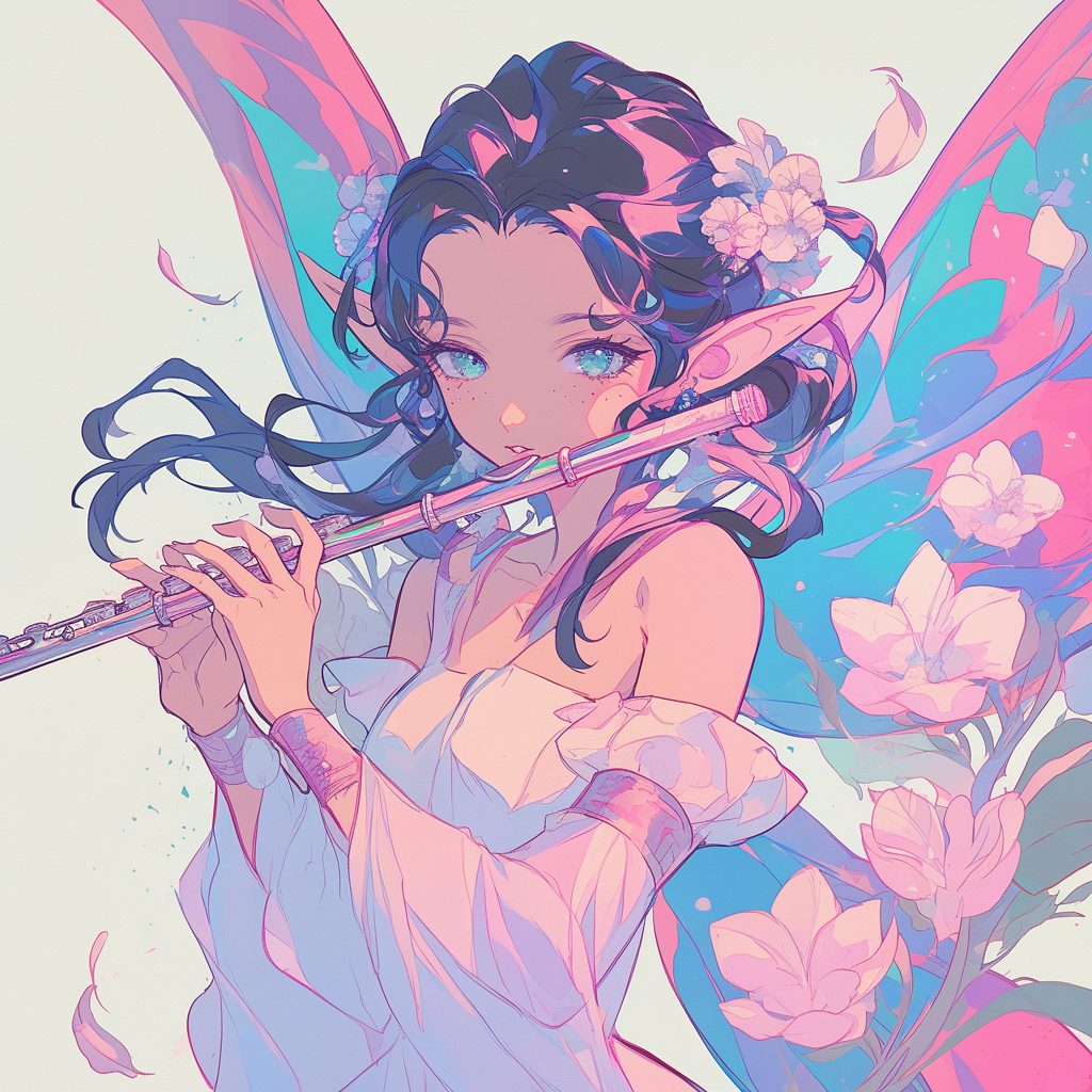 Delicate fairy with iridescent wings playing flute