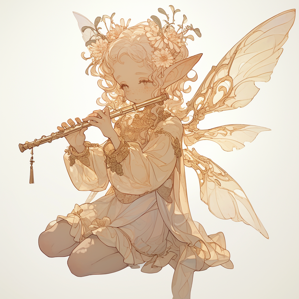 Small delicate fairy playing flute