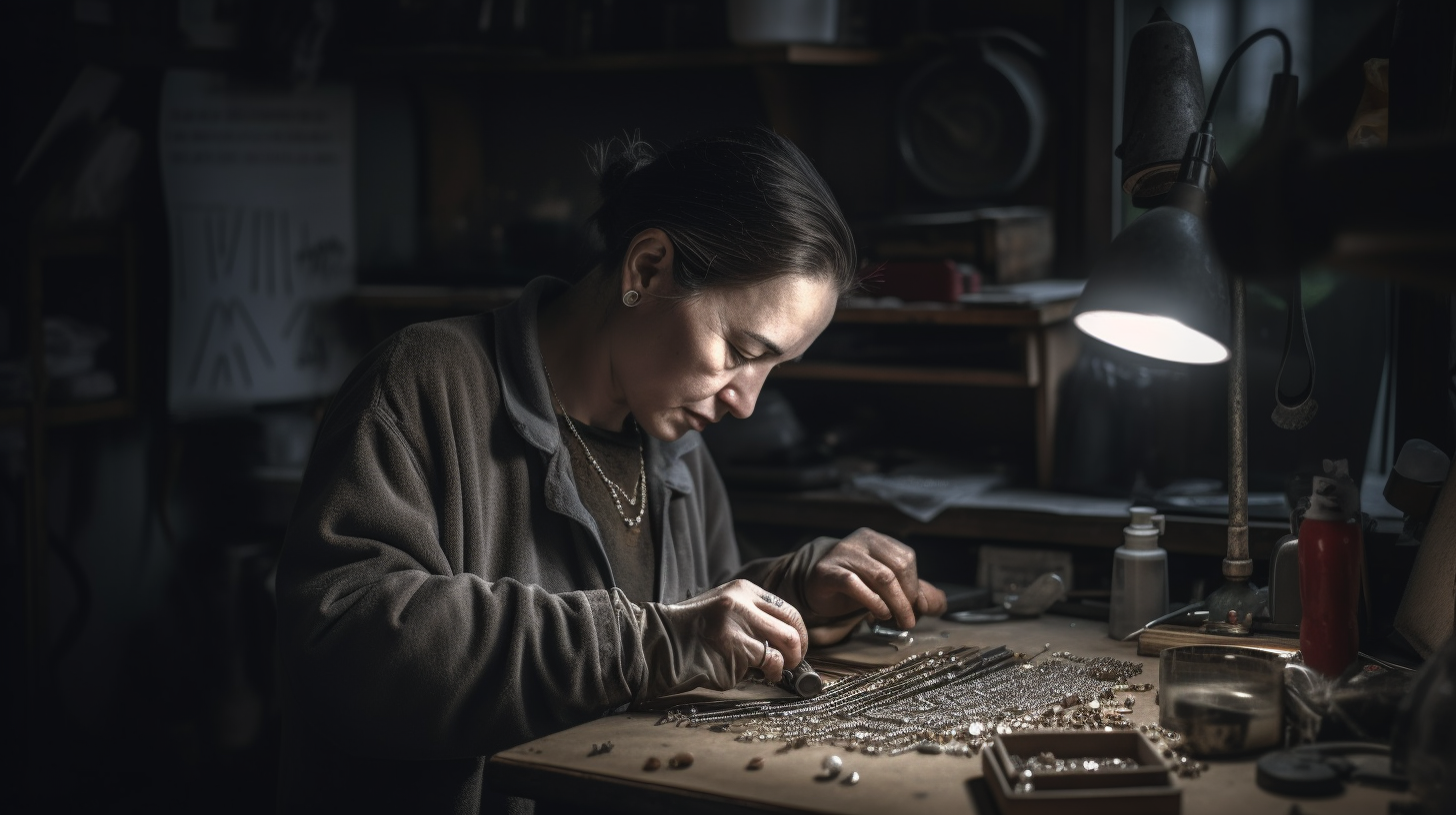 Jeweller repairing delicate necklace in workshop