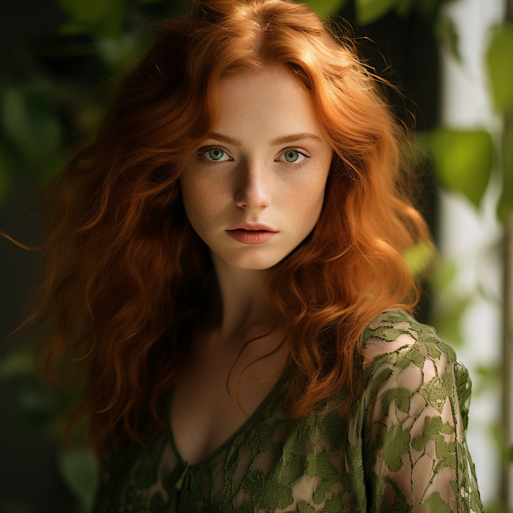 Portrait of Beautiful Pale Ginger Woman in Green Dress