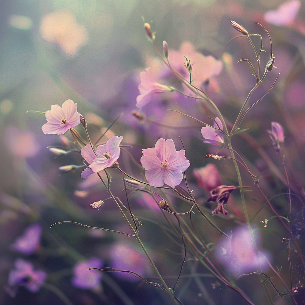 Small delicate wildflowers blooming in meadow