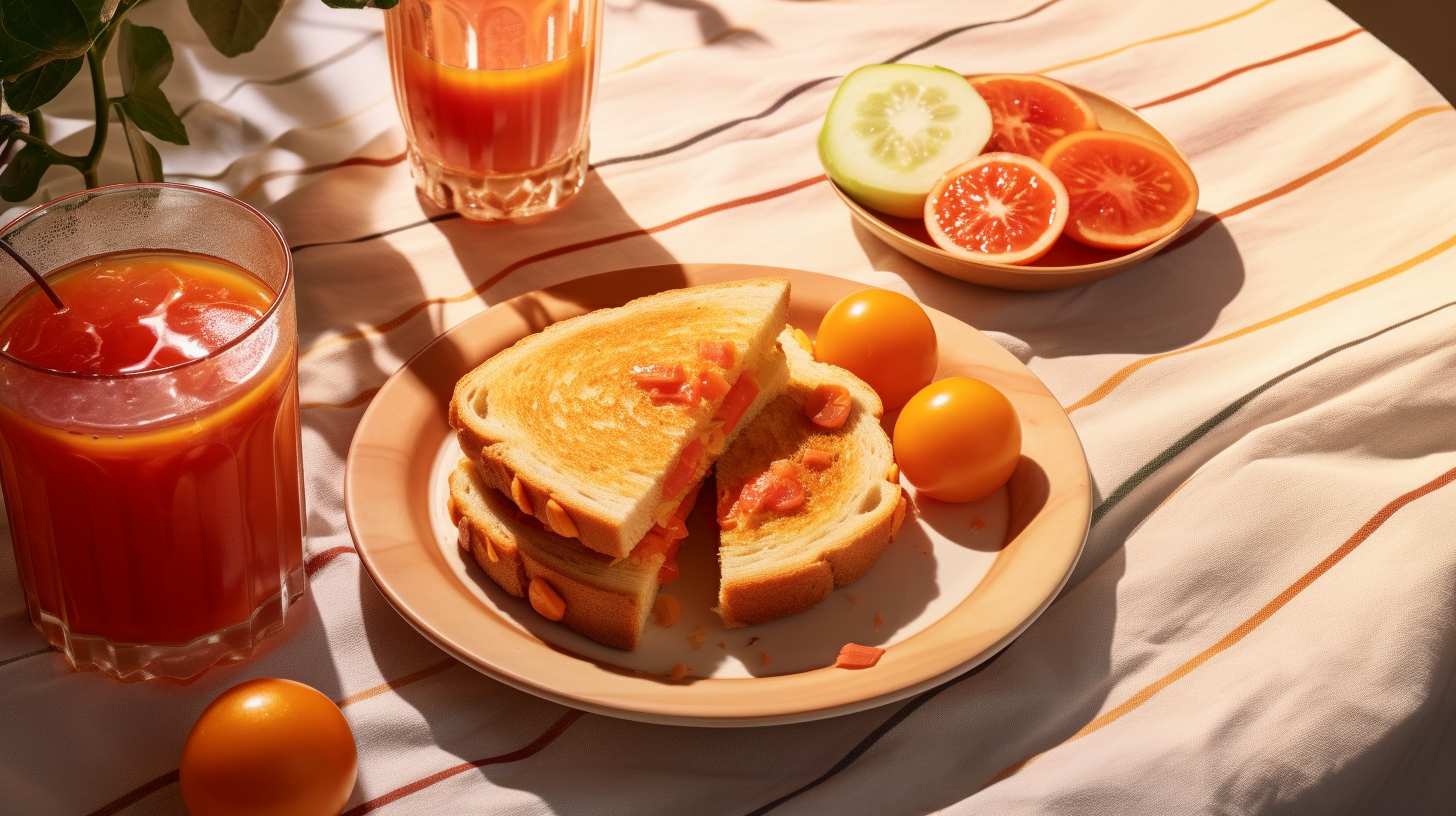 Delicious sandwich with orange juice on a table