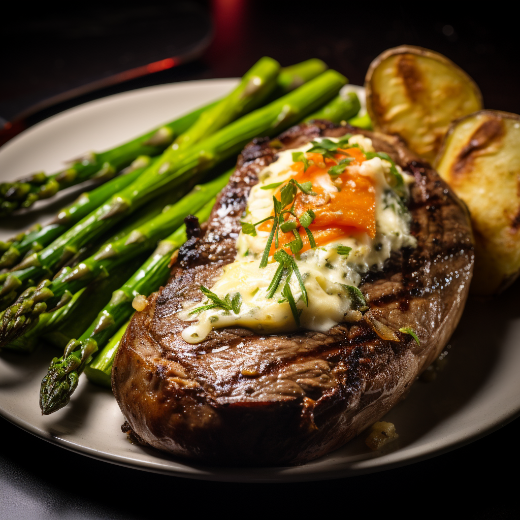 Succulent steak, baked potato, and asparagus