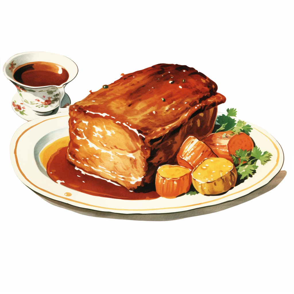 Golden brown pork roast with vegetables