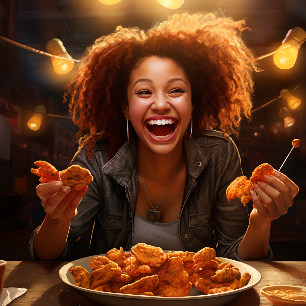 Chick with happy expression eating wings and nuggets