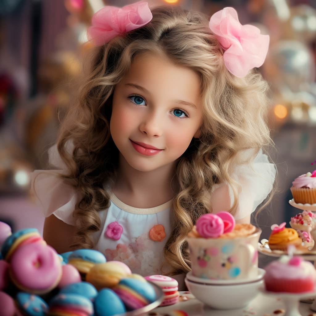 Young girl enjoying an abundance of sweets