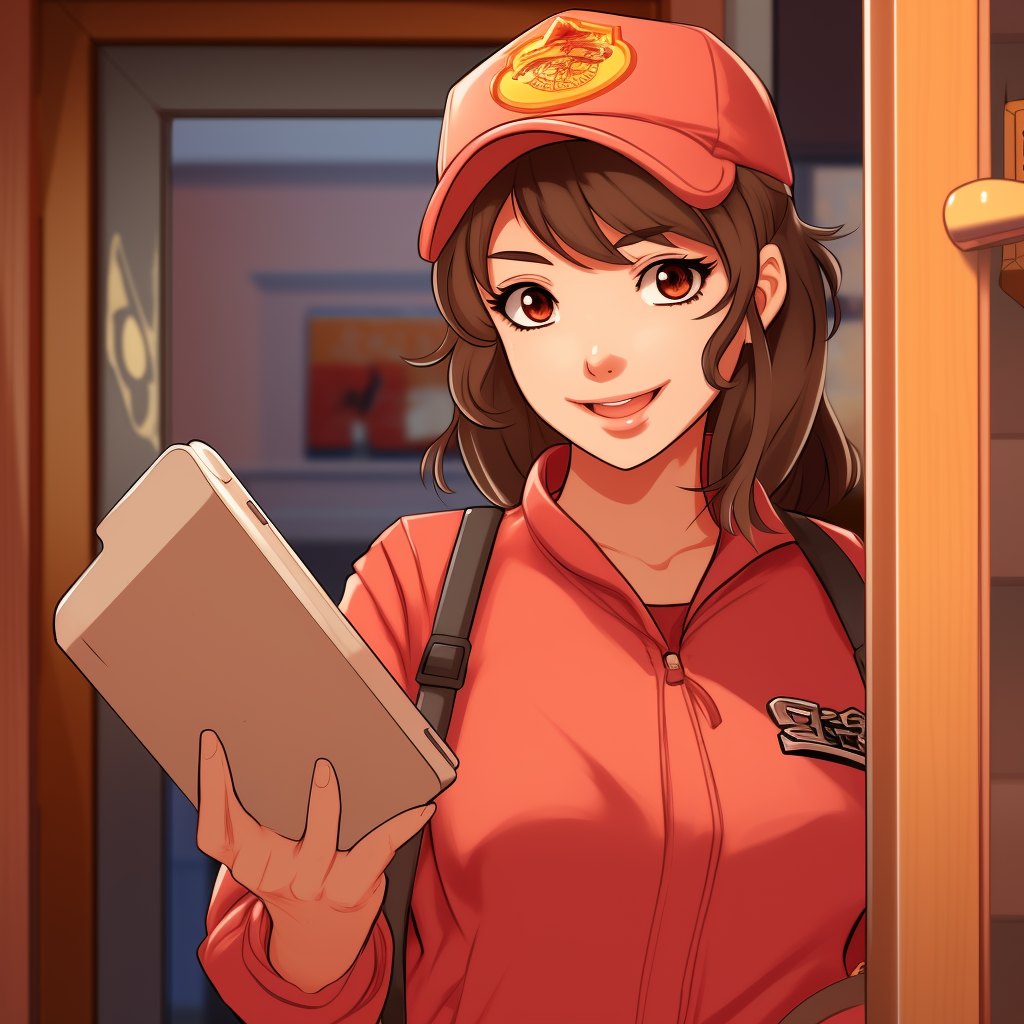 Smiling pizza delivery girl with tablet