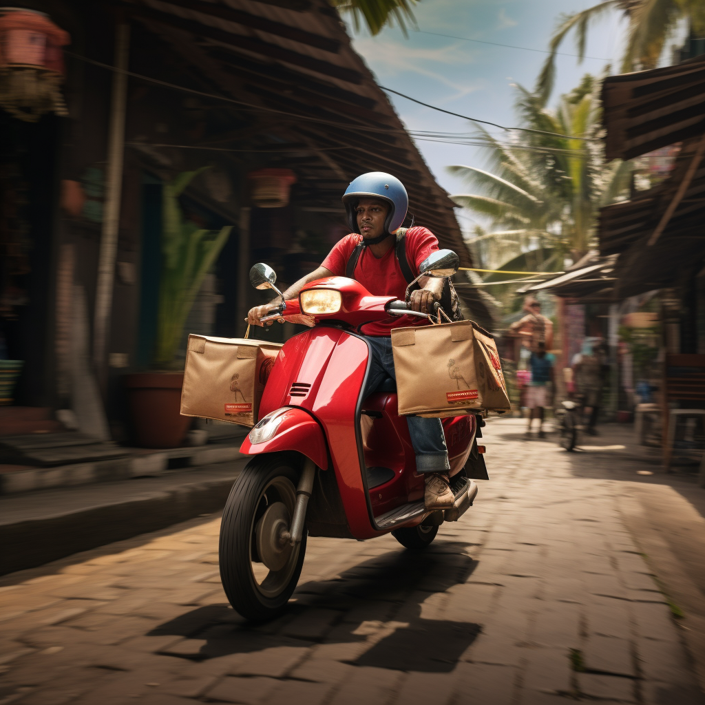 Delivery guy on red vespa riding Bali streets