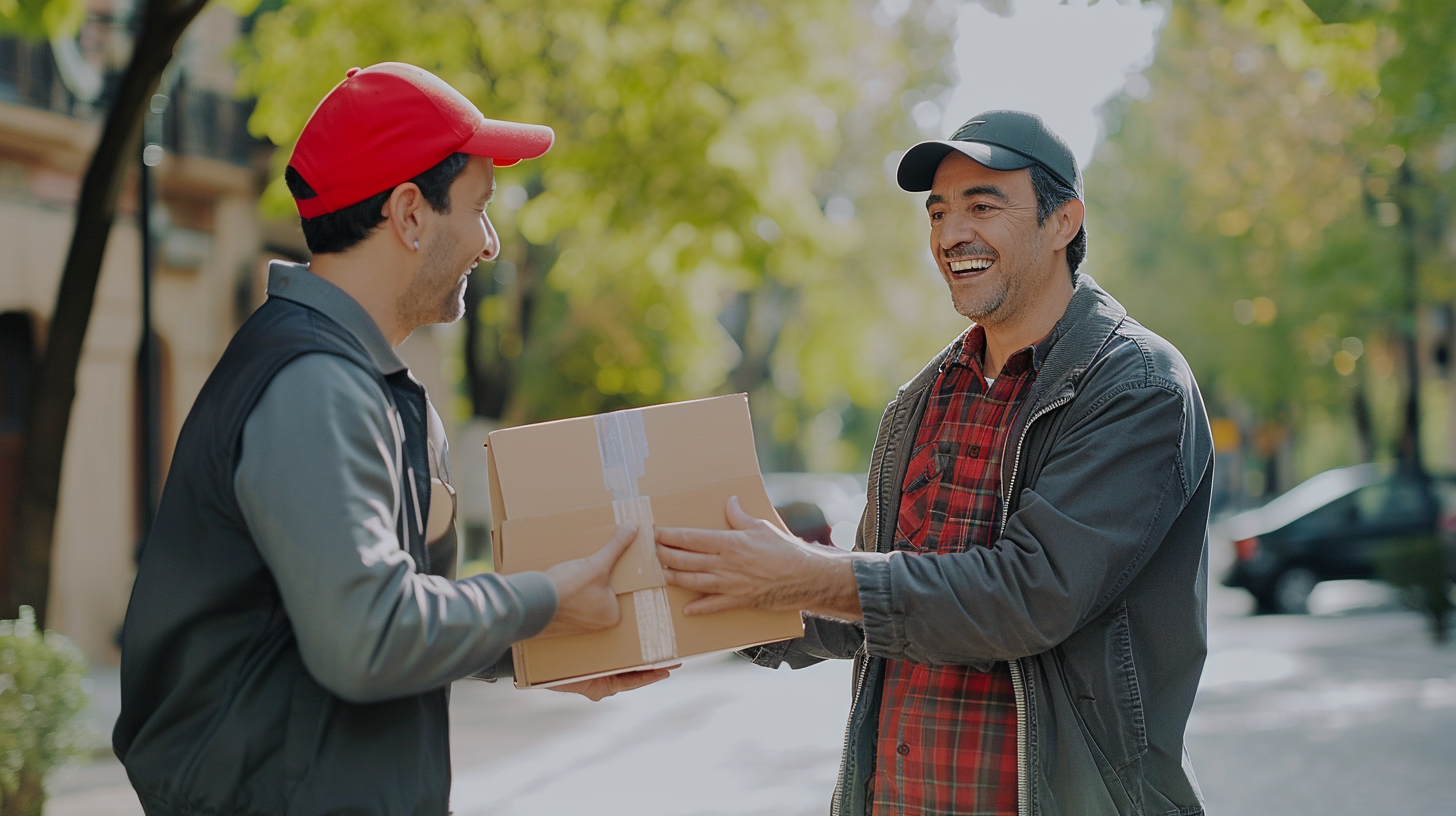 Delivery man handing box, smiling