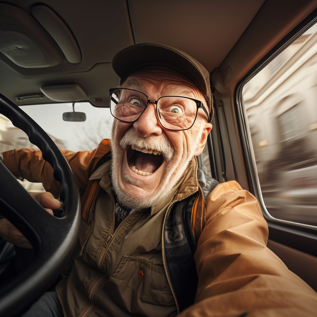 Elderly delivery man taking selfie in truck