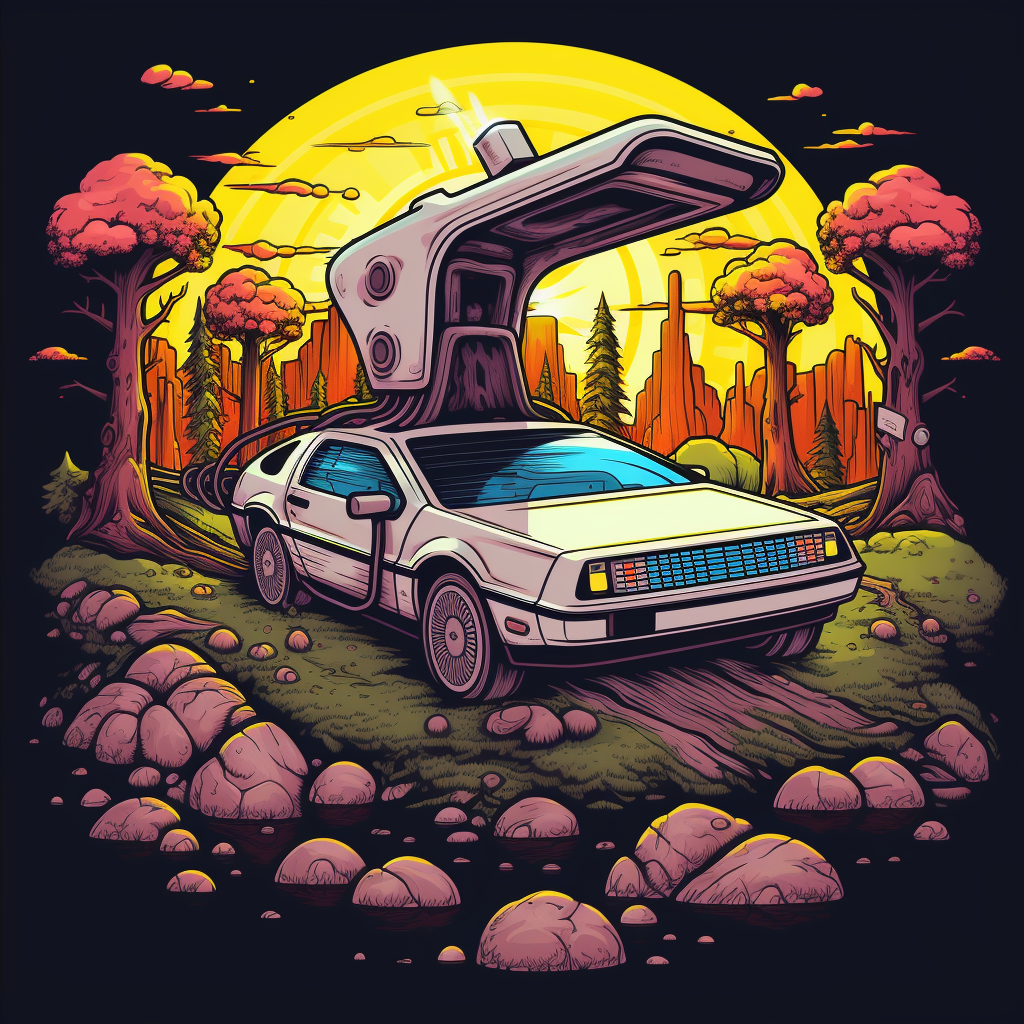 Delorean Car cruising through Mushroom Land