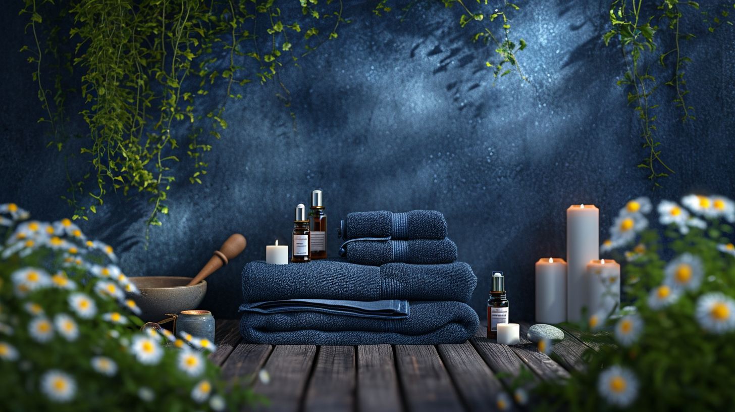 Spa background with towels, oil, candles, plants