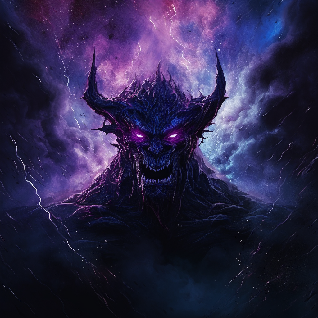 Image of a demon on a purple night with psychedelic marble effects