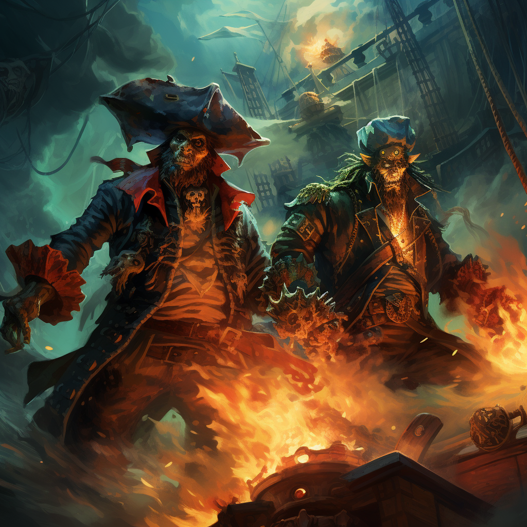 A group of menacing demon pirates sailing on a ship