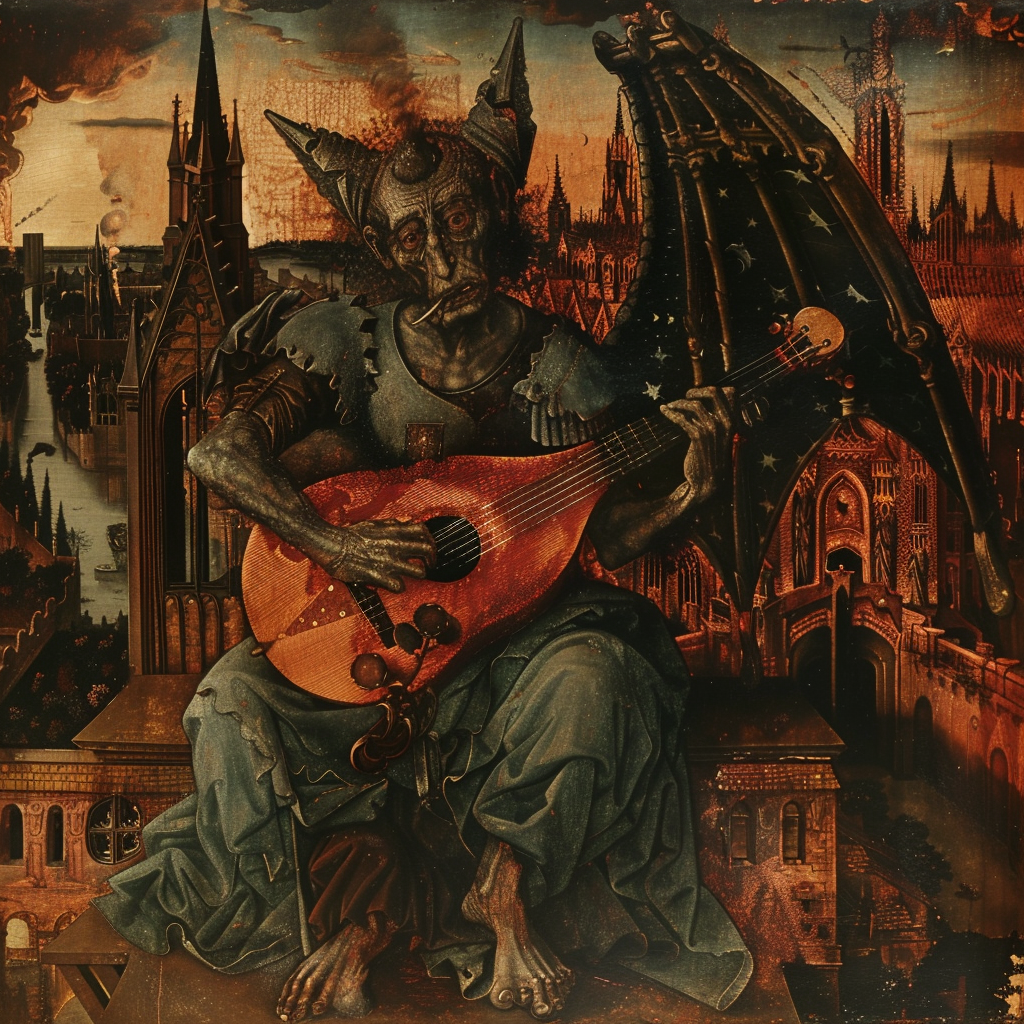 Demon playing lute by cathedral