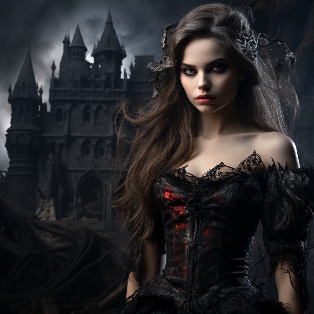 Demon princess in front of gothic castle