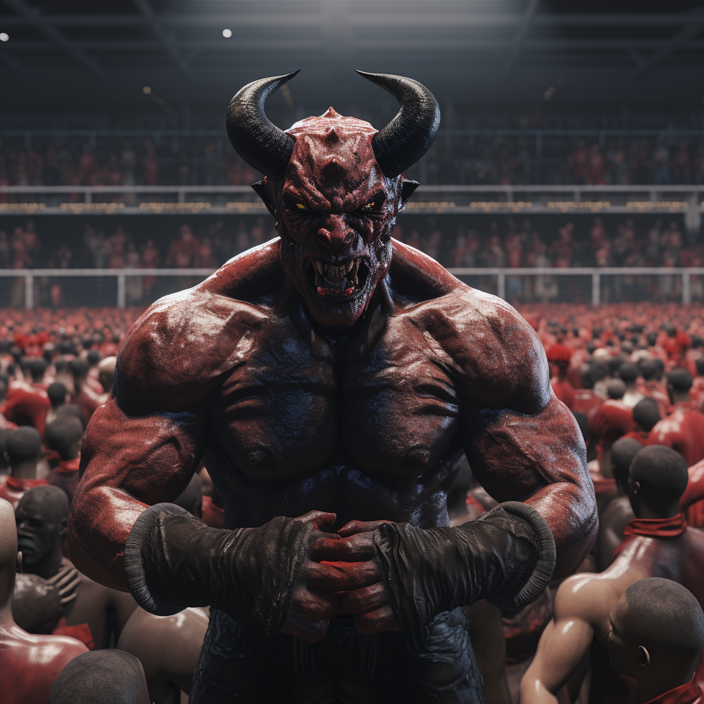 Front view of cheering demon and evils in boxing ring