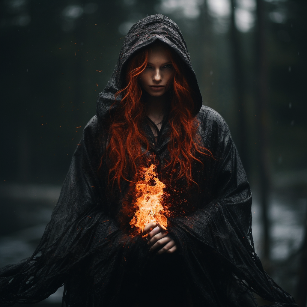 Beautiful demon woman with red hair in hooded cloak