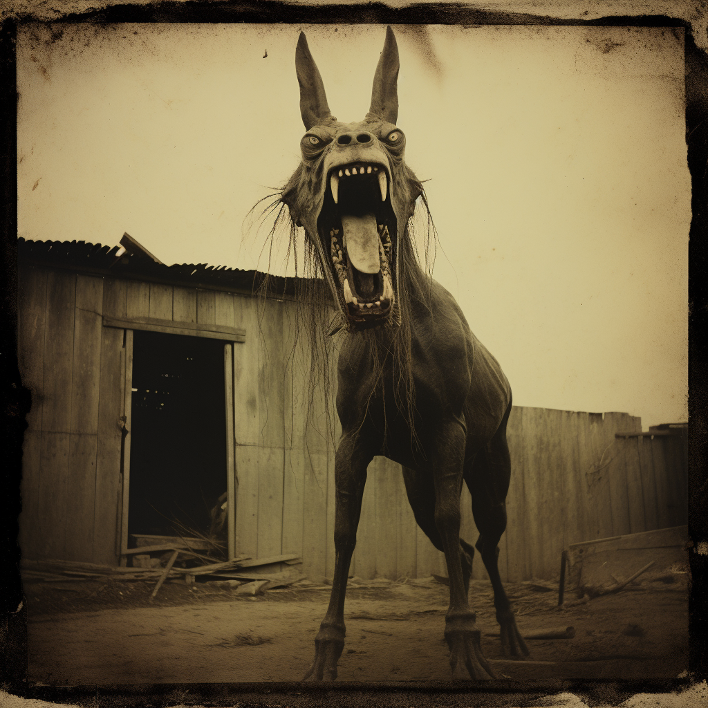 Spooky demonic horse in a barn