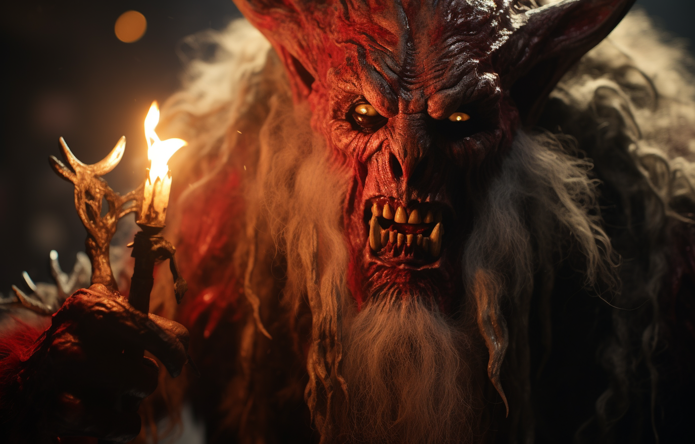 Demonic Krampus face with melting wax and sharp claws