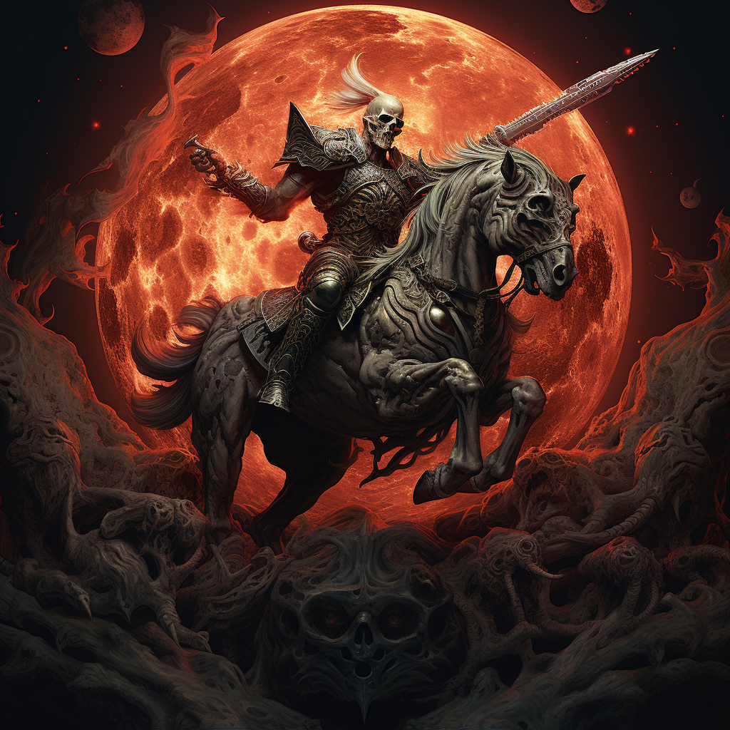 Muscular demon on moon riding horse on skulls