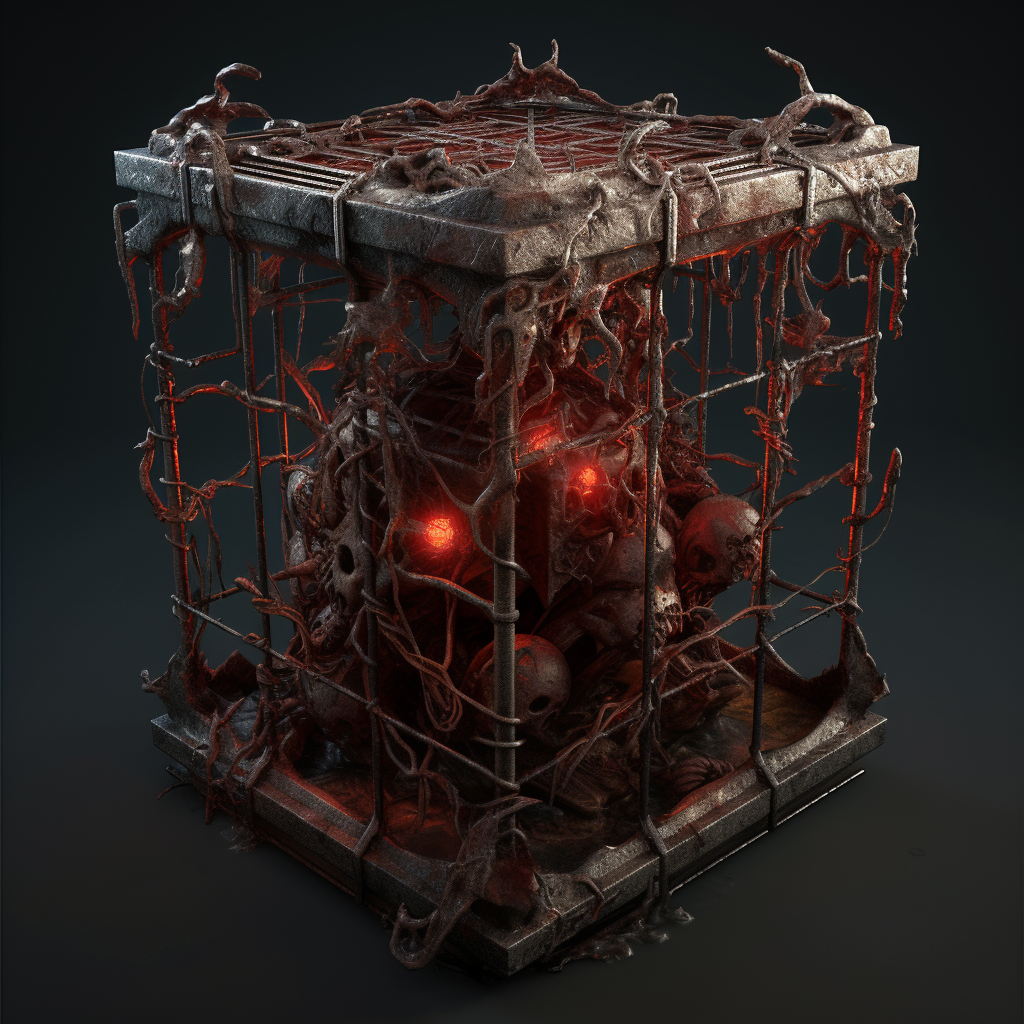 Sinister demonic cage lurking in darkness