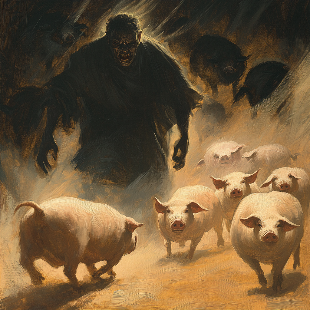 Demons leaving man entering pigs