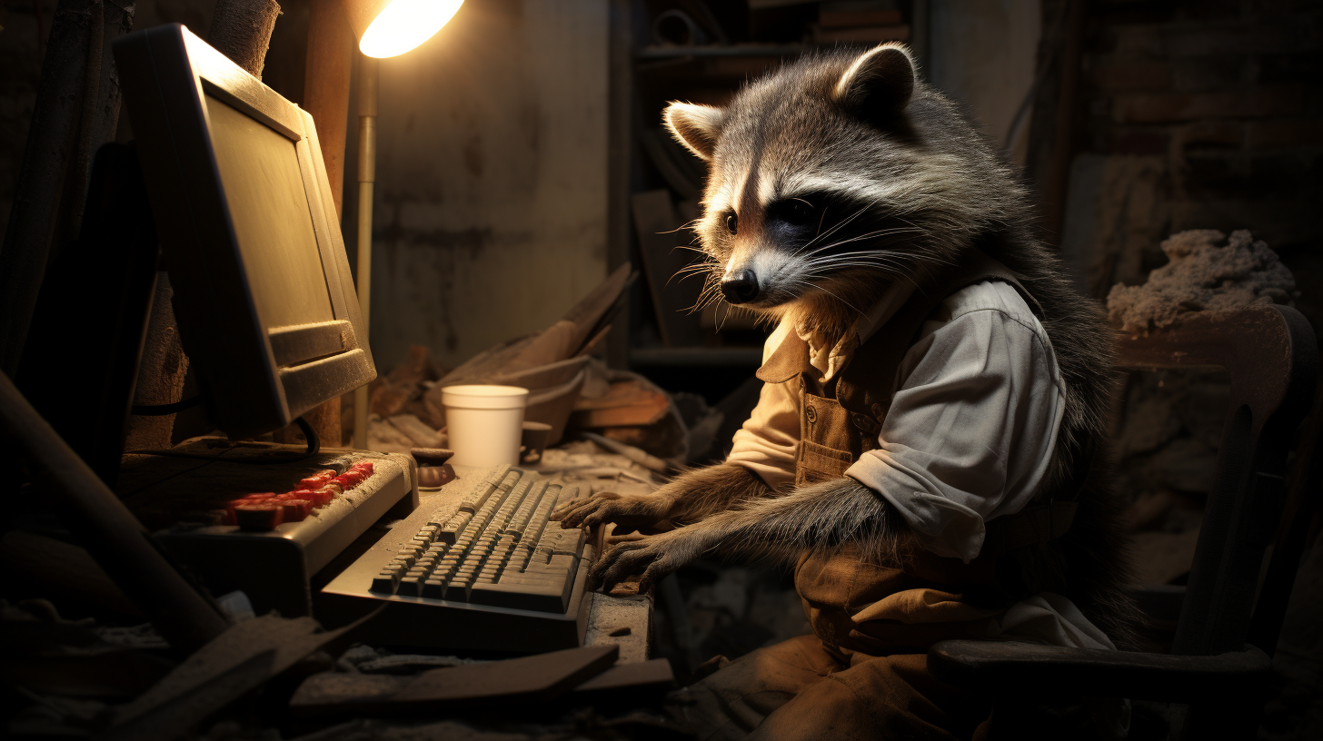 Sad raccoon struggling with work