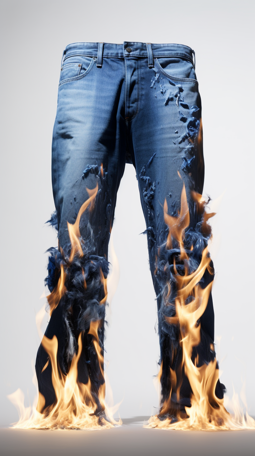 Burning denim pants on white background