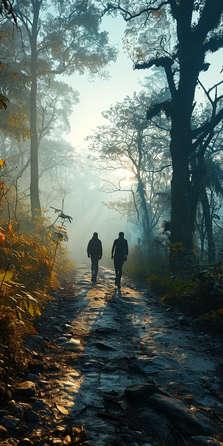 Three runners emerging from dense fog on a dirt road