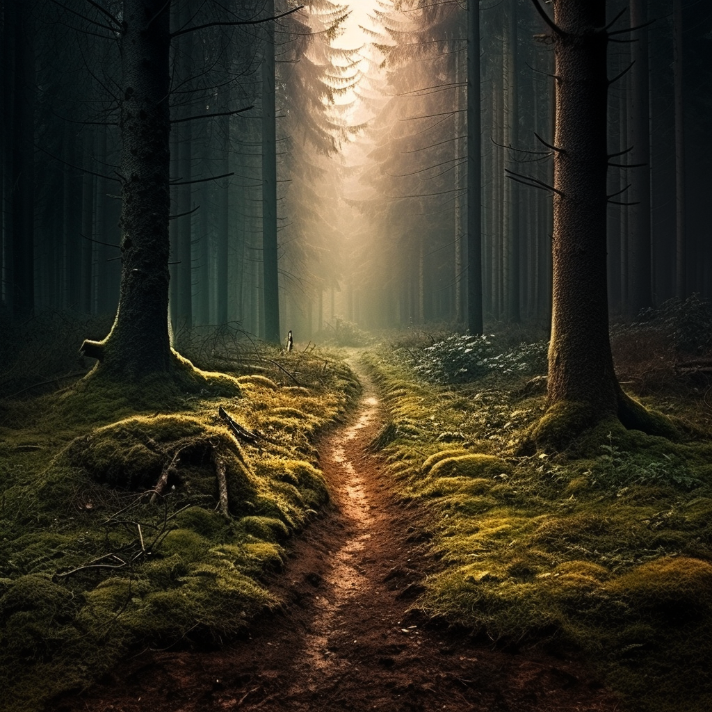 Dense forest path with a fork