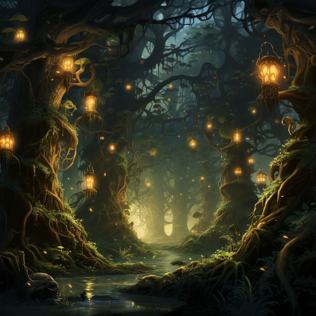 Enchanting densely forested area with glowing trees and strange plants