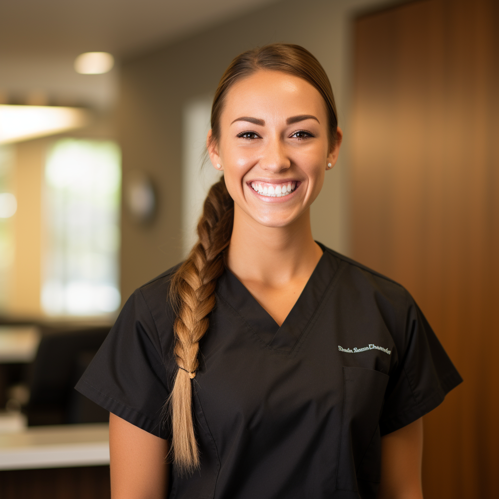 Female dental technician in black scrubs