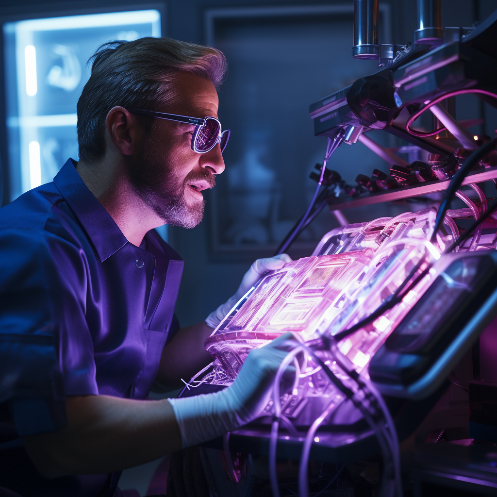 Dentist using UV lamp for tooth restoration