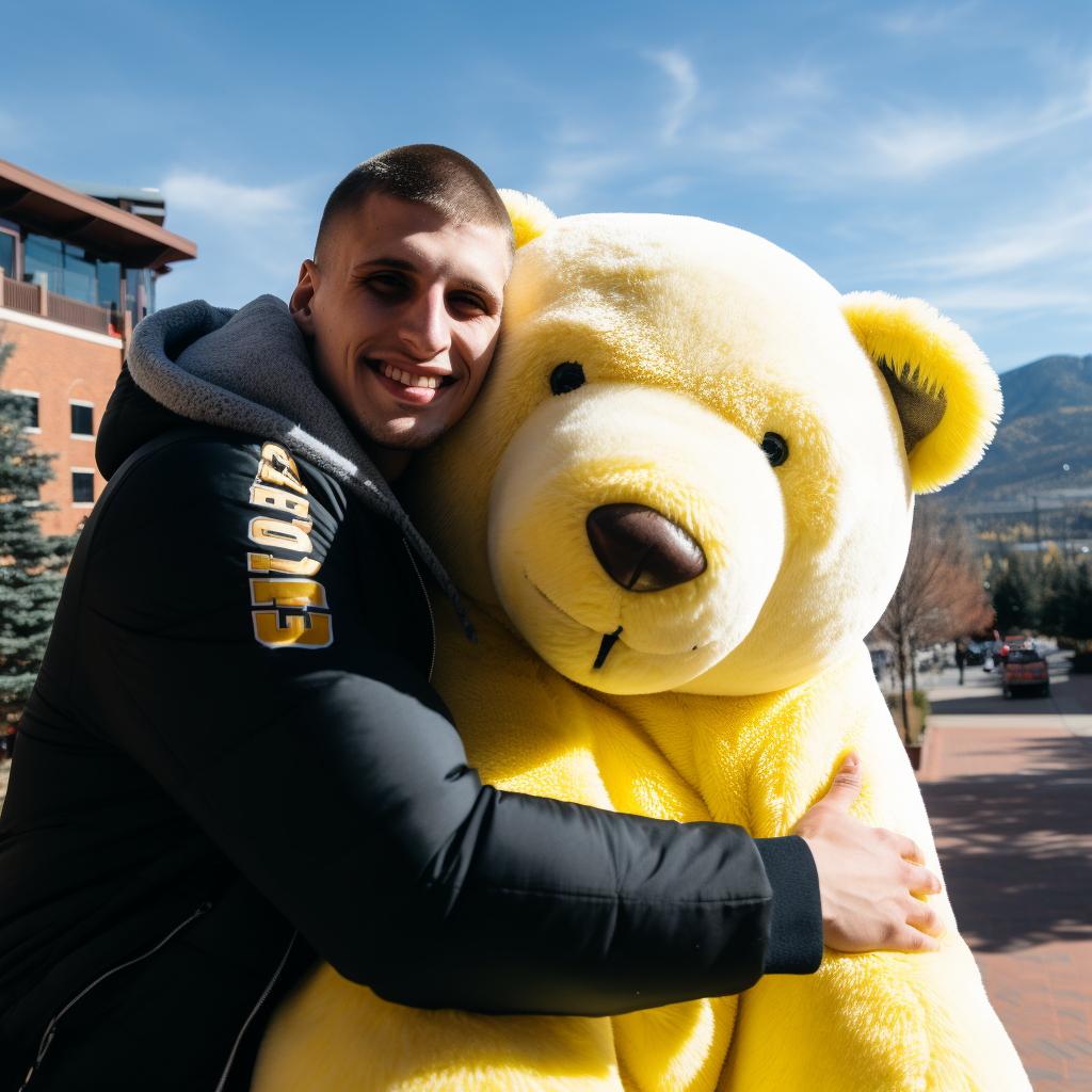 Nikola Jokic embracing a large teddy bear