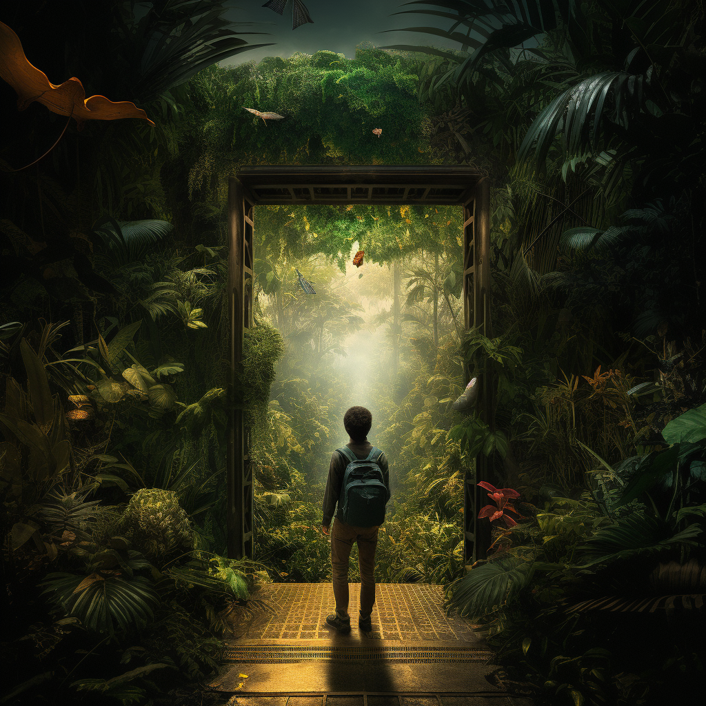 Person gazing through jungle doorway