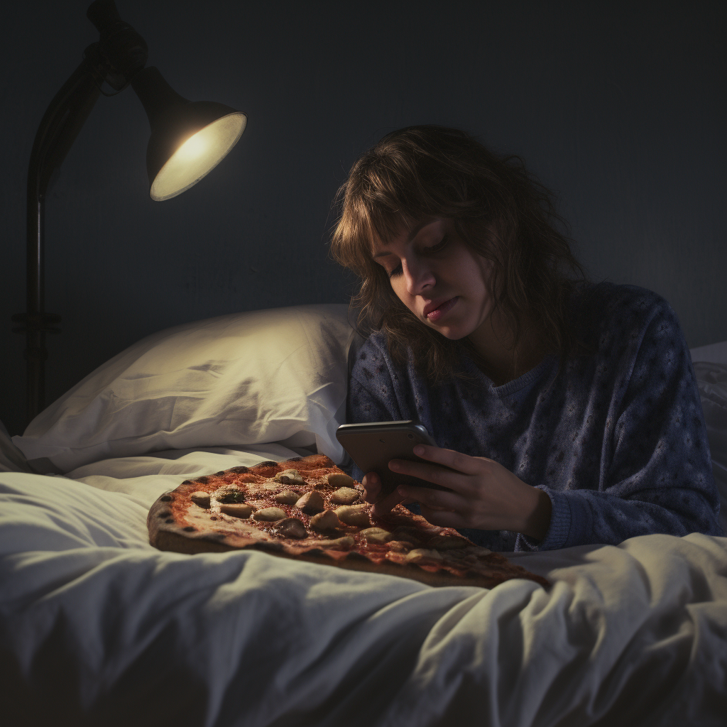 Person feeling down with phone and pizza slice on bed