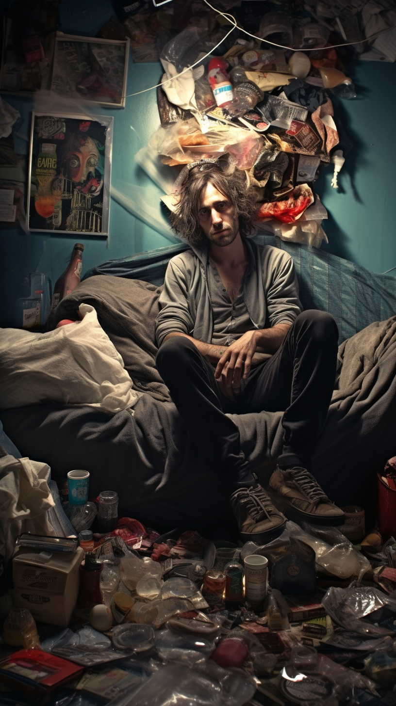 Depressed man cluttered room