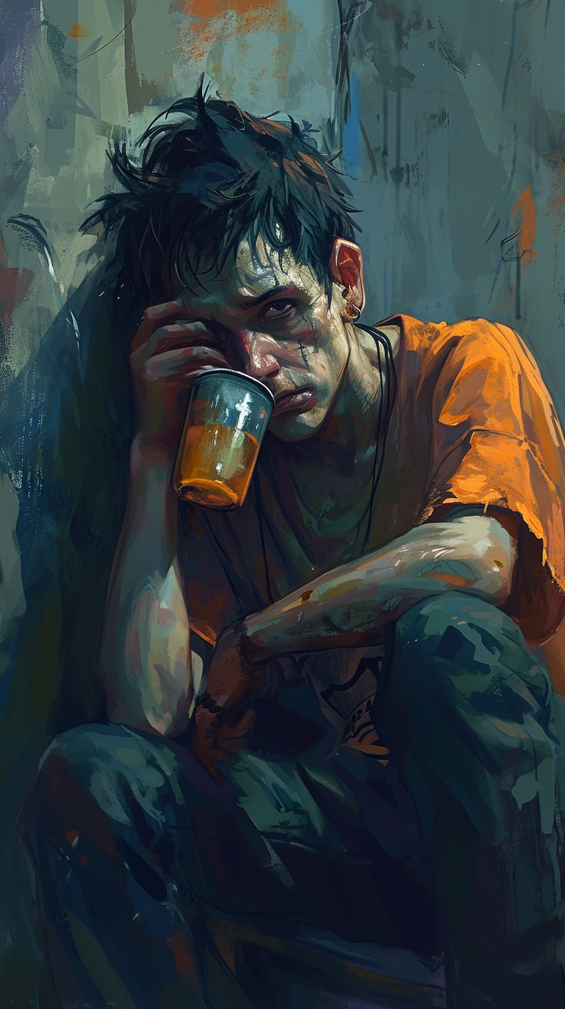 Depressed guy with big eye bags drinking energy drinks