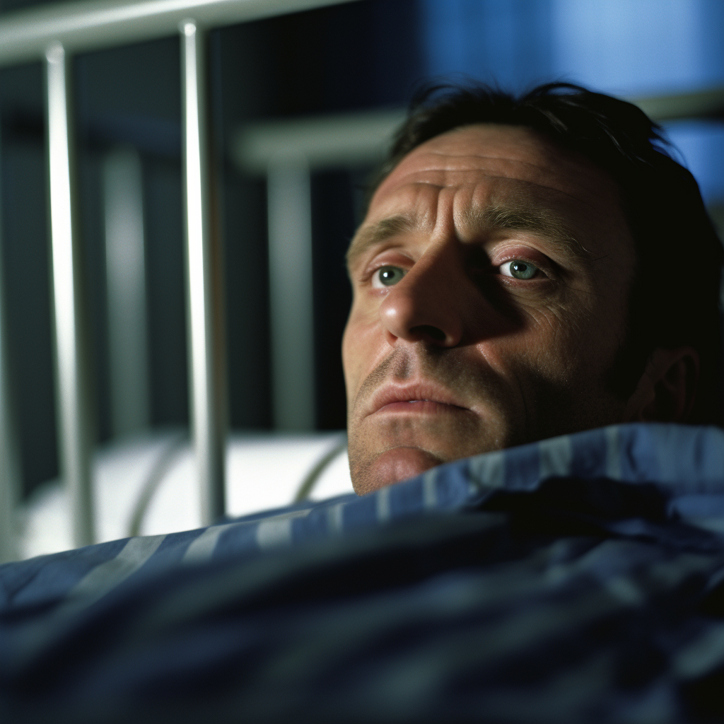 Depressed prisoner lying in hospital bed