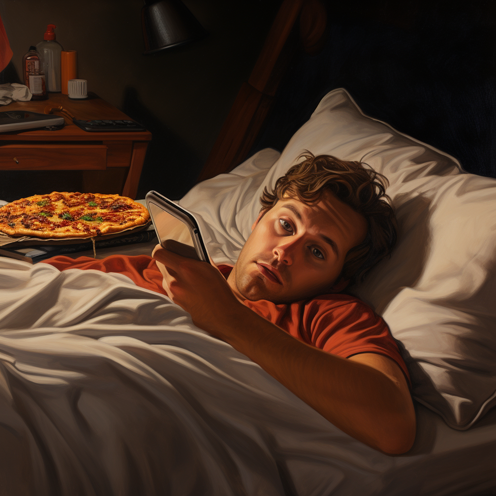 Depressed man lying on bed with phone and pizza